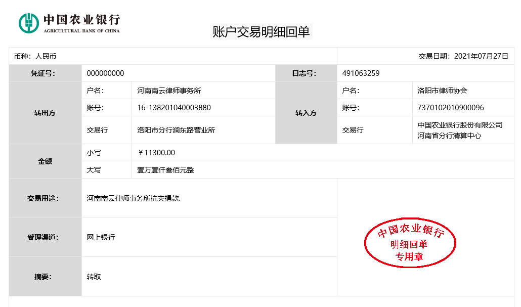 最终捐款通过银行汇款到洛阳市律师协会账户，并对捐款名单进行了公示。